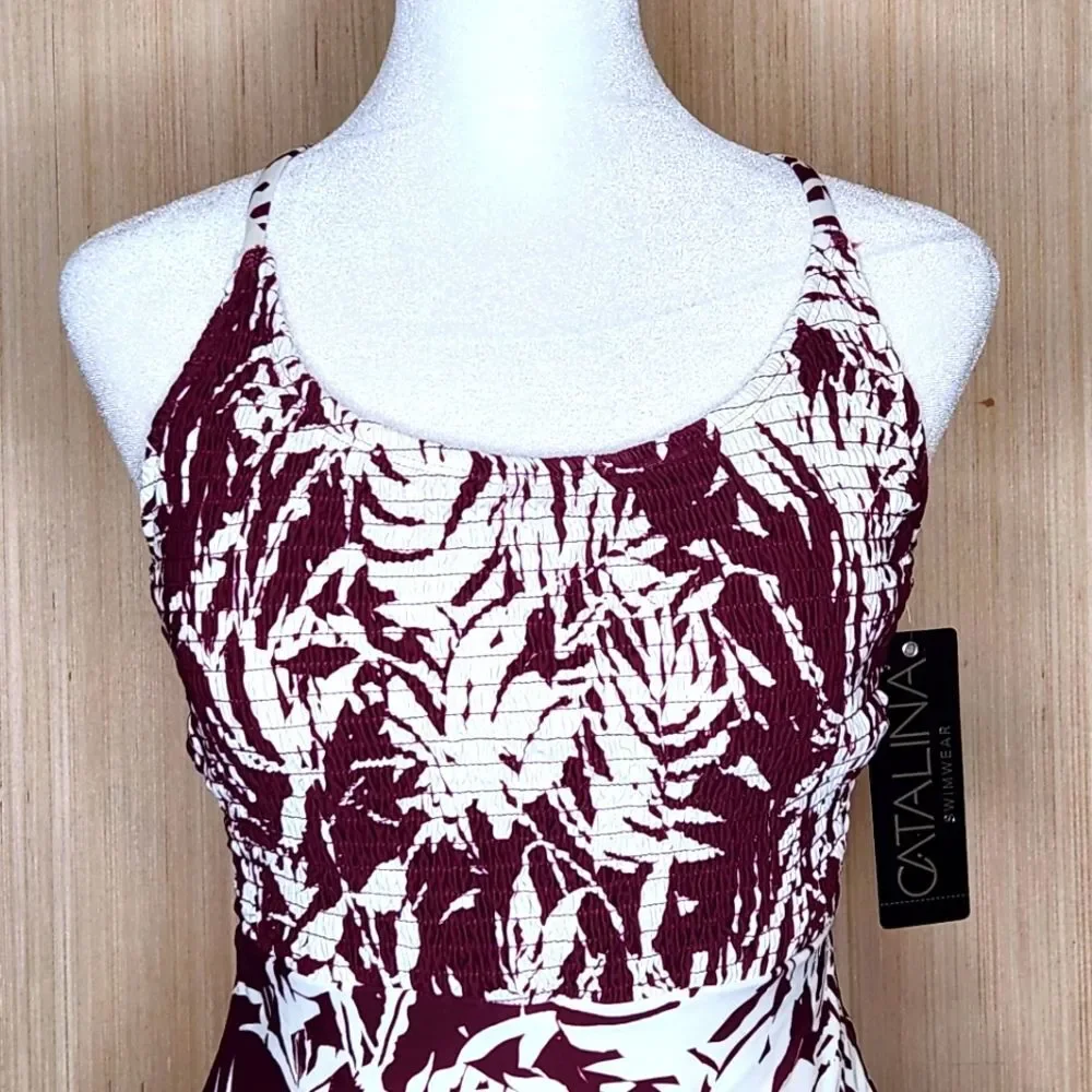 Catalina Tropical Palm Smocked Lace-Up Back Maroon One Piece Swimsuit Small Surf